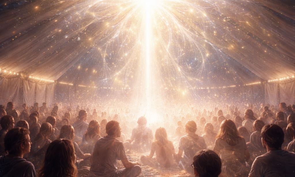 Inside a glowing festival marquee, with people frozen in a moment of silence